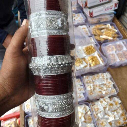 Merinki Fancy CHUDA SET/Bangles,Large,(Pack of 1,Marron with Silver)